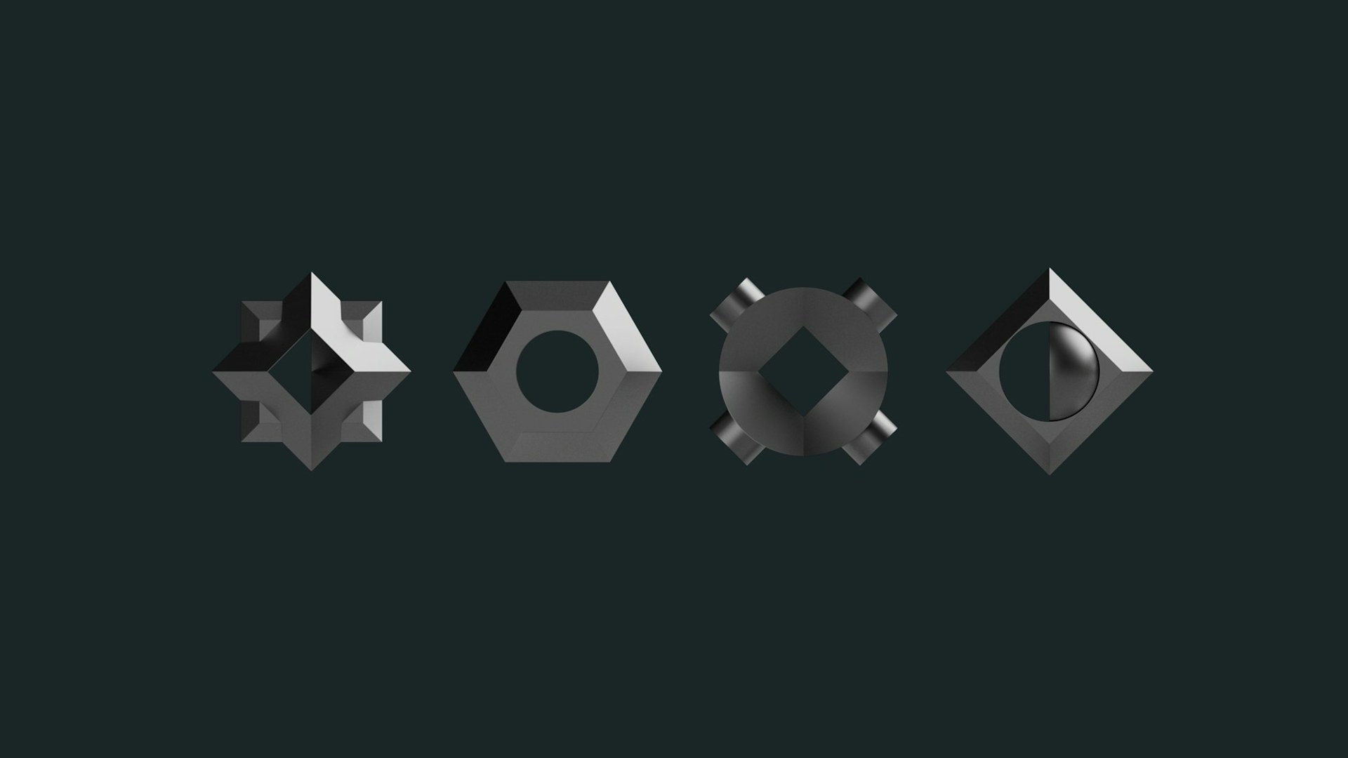 Vier metallische Icons in geometrischen Formen auf dunklem Grund