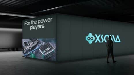 Messestand mit Xsolla-Wortmarke und dem Claim For the power players