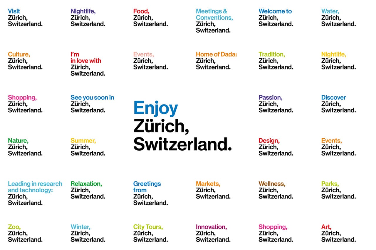 Raster aus Wortmarken mit wechselnden Themen wie Culture, Food oder Nature, jeweils gefolgt von Zürich, Switzerland., in leuchtenden Farben